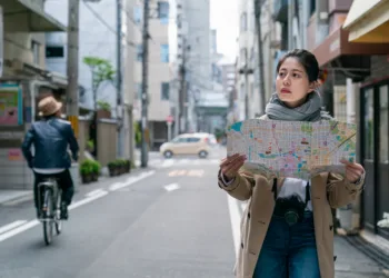 Woman looking at a map while walking down a street in Japan.