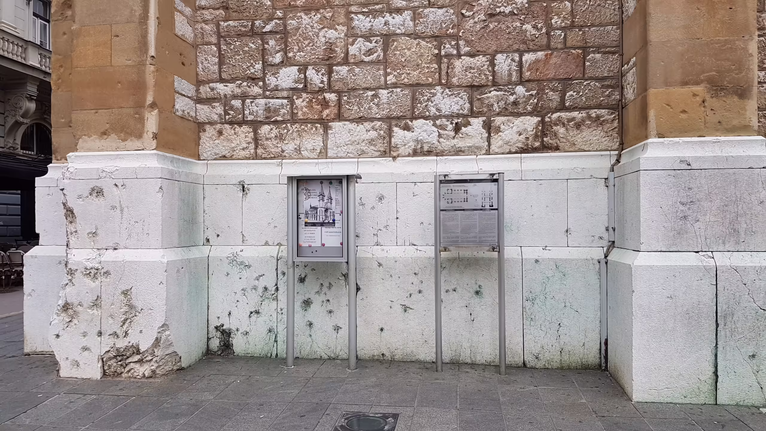 Damage to the Sacred Heart Cathedral in Sarajevo from bombing during the siege.