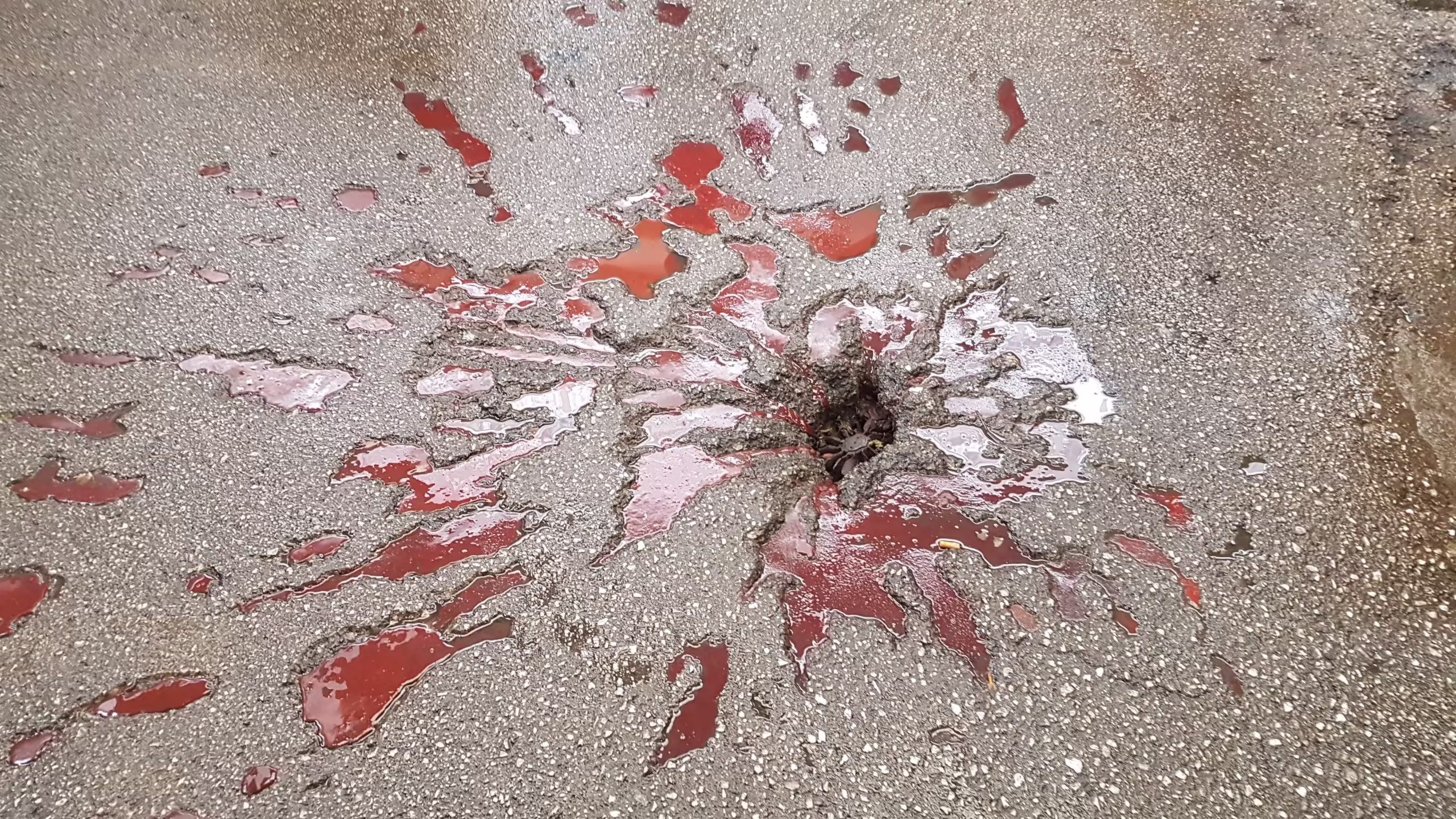 A Sarajevo Rose. Damage to concrete painted with red resin.