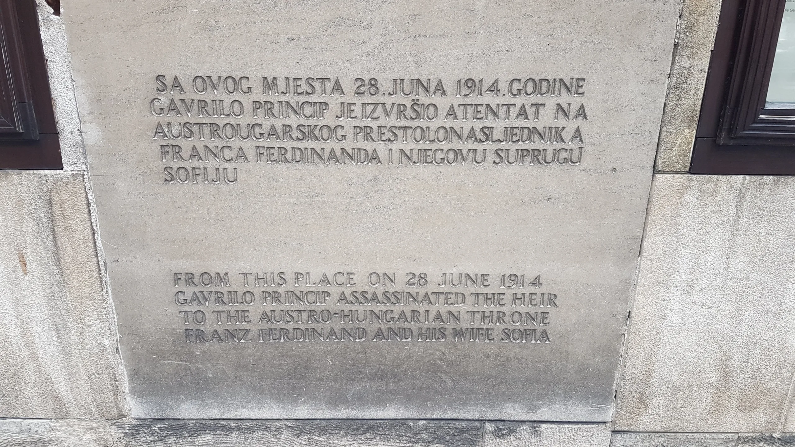 Slab with the words, "From this place on 28 June 1914 Gavrilo Princip assassinated the heir to the Austro-Hungarian throne Franz Ferdinand and his wife Sofia."