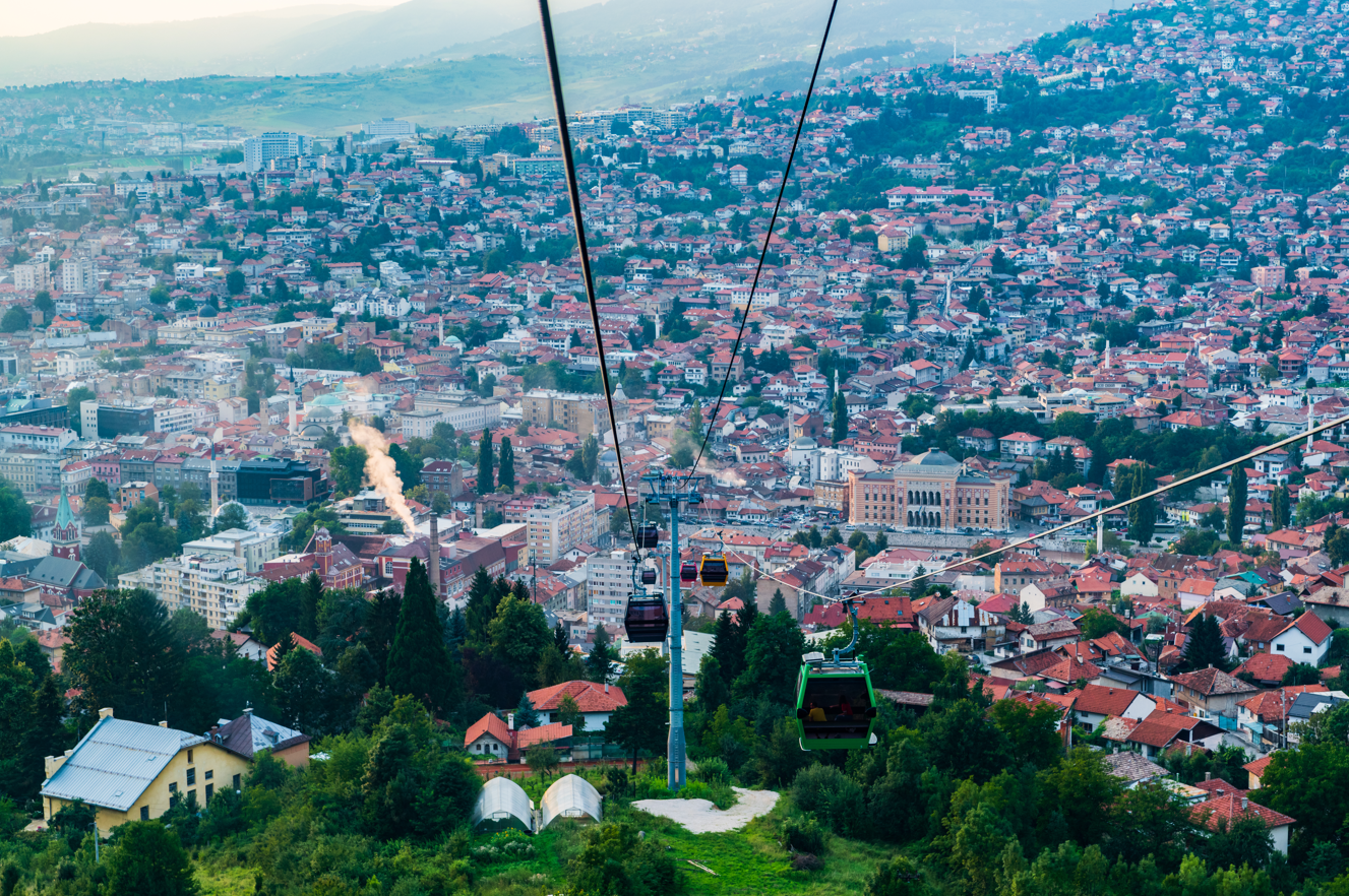 View of Sarajevo from a cable car coming down from Trebević Mountain.