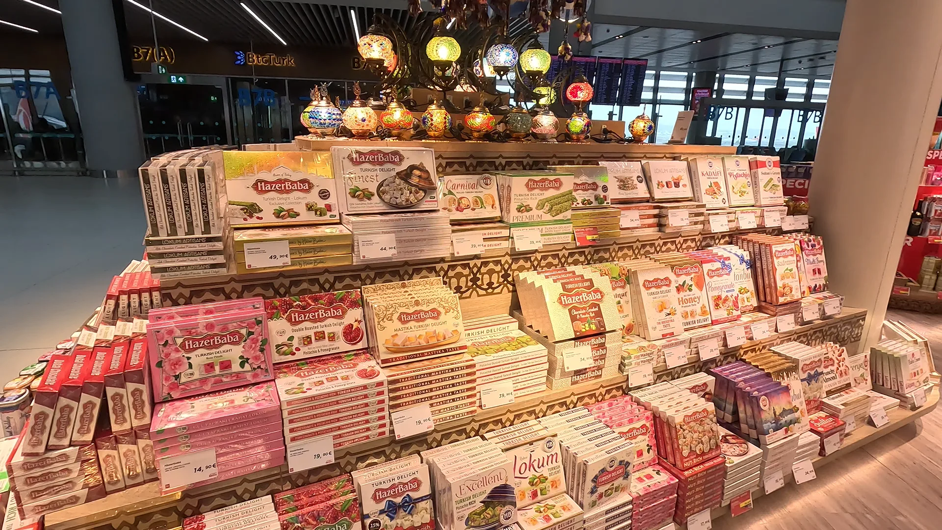 A selection of Turkish sweets and chocolates at a duty free outlet at Istanbul Airport.