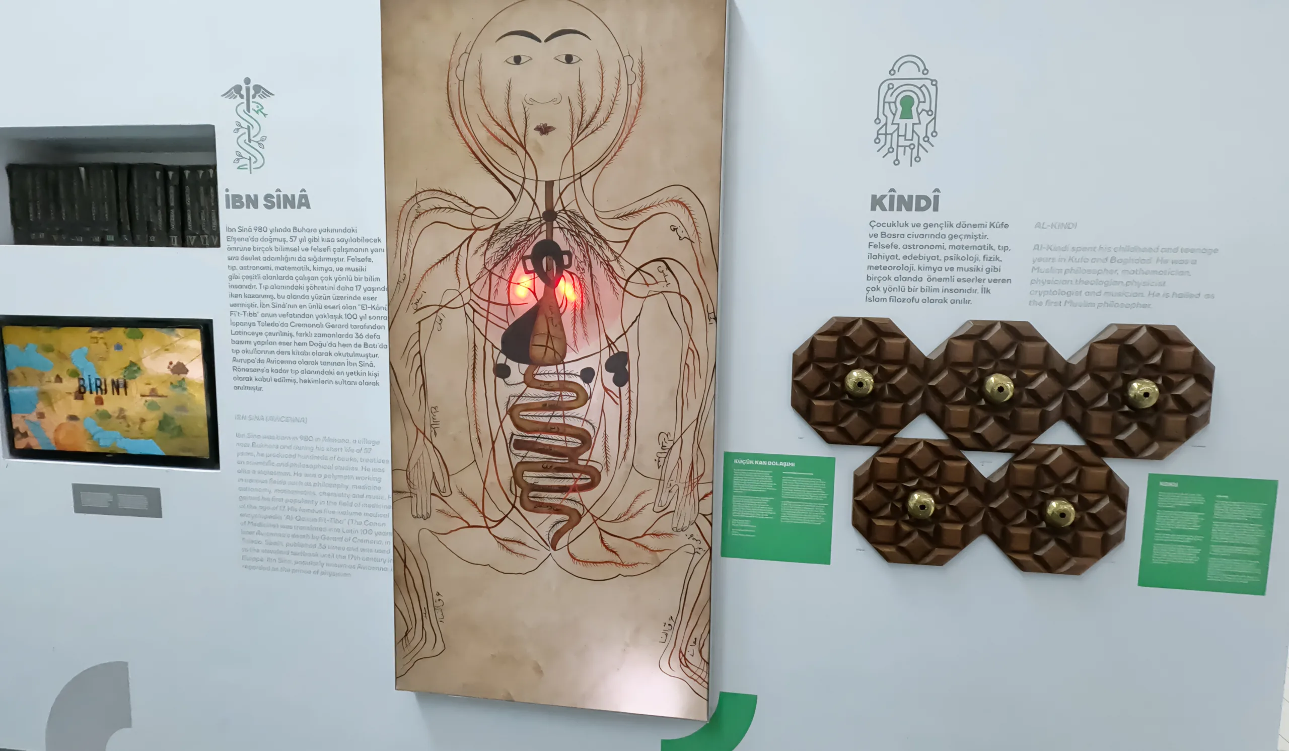 Display about Ibn Sina (Avicenna) and Al-Kindi at Istanbul Airport, showing an X-ray model, books and a map, along with text about these scholars.